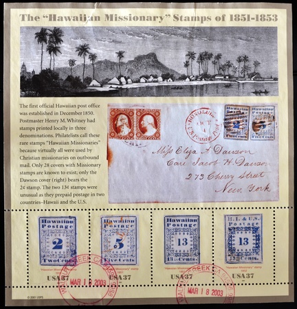 UNITED STATES OF AMERICA - CIRCA 2002: A stamp printed in USA shows the hawaiian missionary stamps of 1851 - 1853, circa 2002の写真素材