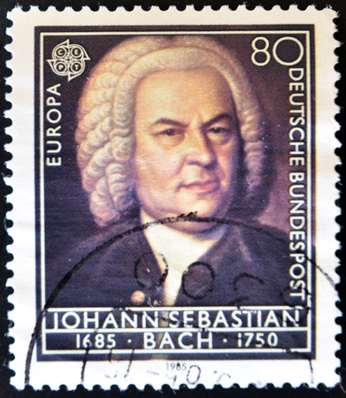 GERMANY - CIRCA 1985: A Stamp printed in the GERMANY shows portrait of the composer Johann Sebastian Bach, circa 1985. のeditorial素材
