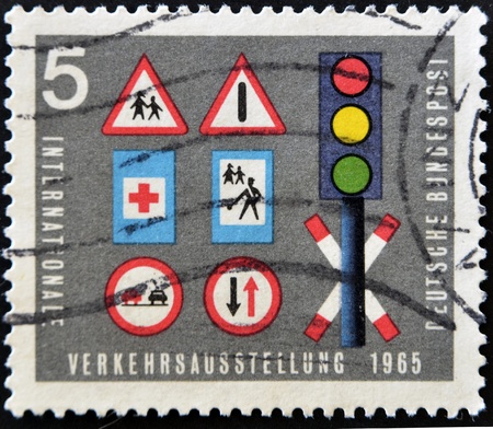 FEDERAL REPUBLIC OF GERMANY - CIRCA 1965: A stamp printed in the Federal Republic of Germany shows International transportation exhibition, Internationale Verkehrsausstellung, circa 1965 の写真素材