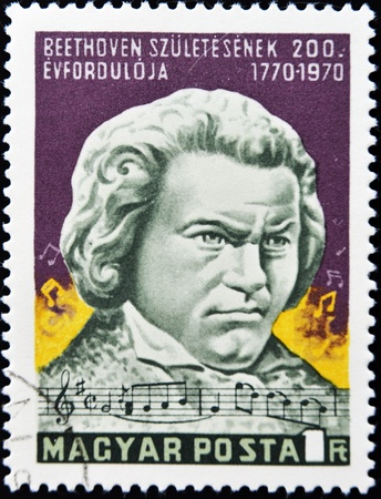 HUNGARY - CIRCA 1970: A stamp printed in Hungary show Ludwig van Beethoven, Composer, circa 1970のeditorial素材