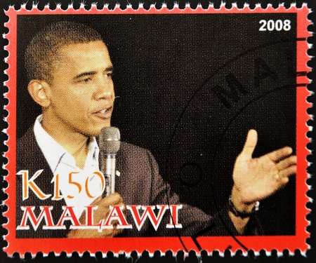 MALAWI - CIRCA 2008: A stamp printed in Malawi shows the 44th President of United States of America, Barack Obama, circa 2008のeditorial素材