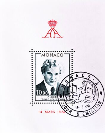 MONACO - CIRCA 1979: A stamp printed in Monaco shows Prince Albert of Monaco son of Rainier and Grace Kelly, circa 1979 のeditorial素材