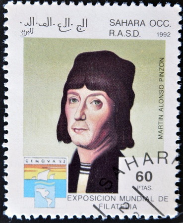 ARAB REPUBLIC OF WESTERN SAHARA - CIRCA 1992: A stamp printed in Sahrawi Arab Democratic Republic shows Marín Alonso Pinzón, co-discoverer of america with Christopher Columbus, circa 1992のeditorial素材