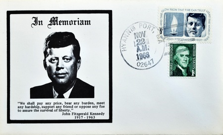USA-CIRCA 1970:A stamp printed in USA shows image portrait John Fitzgerald Jack Kennedy, often...
