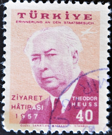 TURKEY - CIRCA 1957: A stamp printed in Turkey shows German President Theodor Heuss, circa 1957 のeditorial素材