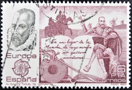 SPAIN - CIRCA 1983: A stamp printed in Spain shows Don Quixote by Miguel de Cervantes, circa 1983の写真素材