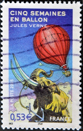 FRANCE - CIRCA 2005: A stamp printed in France shows an image of "Five Weeks in a Balloon" a novel by Jules Verne, circa 2005の写真素材