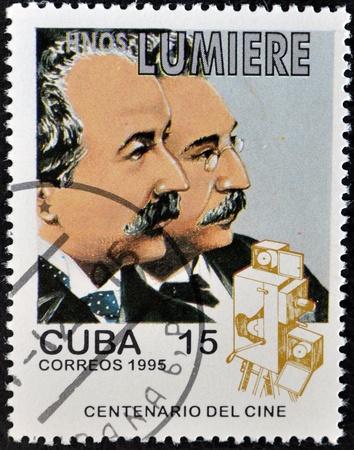 CUBA - CIRCA 1995: A stamp printed in Cuba shows brother lumiere , circa 1995 のeditorial素材