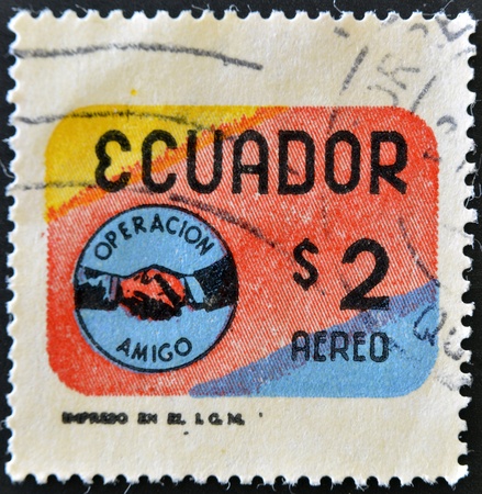 ECUADOR - CIRCA 1969: A stamp printed in Ecuador dedicated to the operation Friend, circa 1969 のeditorial素材
