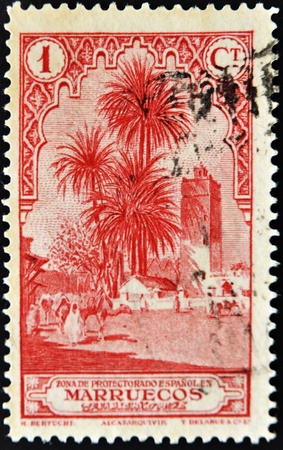 MOROCCO - CIRCA 1950  A stamp printed by Morocco, shows Moroccan landscape, circa 1950のeditorial素材
