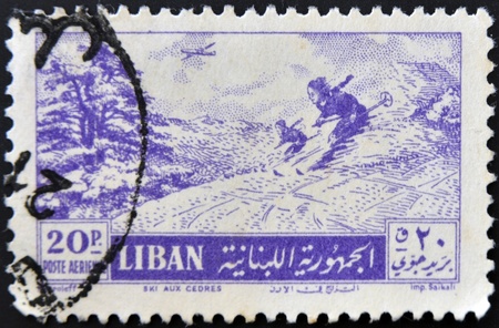 LEBANON - CIRCA 1960: A stamp printed in Lebanon shows ski aux Cedres, circa 1960 の写真素材