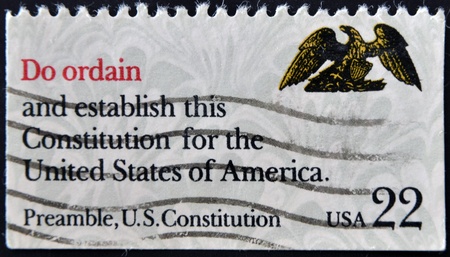 UNITED STATES OF AMERICA - CIRCA 1980: A stamp printed in USA shows image of the dedicated to the US Constitution circa 1980. の写真素材