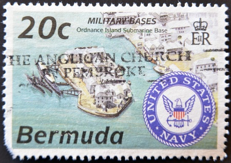 BERMUDA - CIRCA 1995: A stamp printed in Bermuda shows military bases, ordnance island submarine...