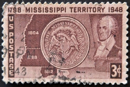 USA - CIRCA 1948: A stamp printed in the USA dedicated to mississippi territoy showing Winthrop...