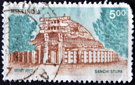 INDIA - CIRCA 1923: A stamp printed in India shows image of Sanchi Stupa, the famous Buddhist...