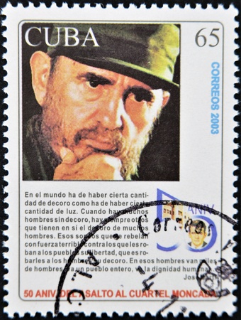 CUBA - CIRCA 2003: A stamp printed in Cuba shows Fidel Castro, circa 2003のeditorial素材