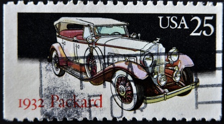 UNITED STATES - CIRCA 1988: stamp printed in USA shows Locomobile, packard, circa 1988の写真素材