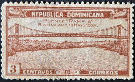 DOMINICAN REPUBLIC - CIRCA 1934: A stamp printed in Dominican Republic shows the bridge Ramfis on...