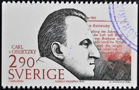 SWEDEN - CIRCA 1986: A stamp printed in Sweden dedicated to Nobel Peace, shows Carl von Ossietzky, circa 1986のeditorial素材