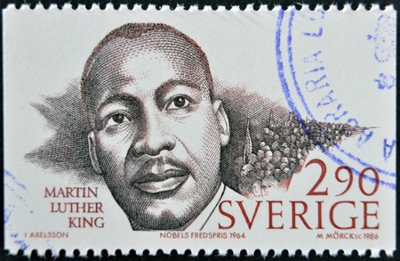 SWEDEN - CIRCA 1986: A stamp printed in Sweden dedicated to Nobel Peace, shows Martin Luther King, circa 1986のeditorial素材