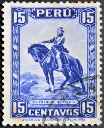 PERU - CIRCA 1935: A stamp printed in Peru shows Francisco Pizarro, circa 1935のeditorial素材