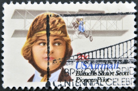 UNITED STATES OF AMERICA - CIRCA 1980: A stamp printed in the USA shows image of Blanche Stuart Scott, the aviation pioneer, circa 1980 のeditorial素材