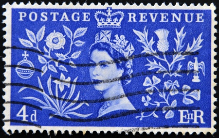 UNITED KINGDOM - CIRCA 1950: Stamp printed in Great Britain shows queen Elizabeth II, circa 1950 のeditorial素材