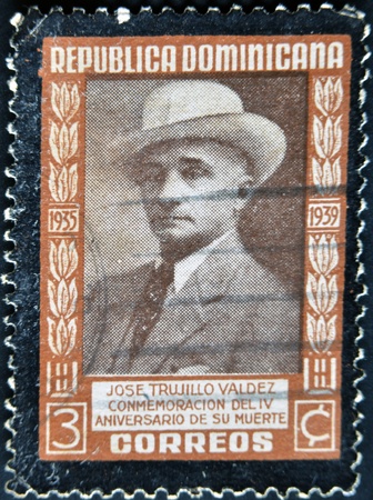 DOMINICAN REPUBLIC - CIRCA 1939: A stamp printed in Dominican Republic shows President Trujillo, circa 1939のeditorial素材
