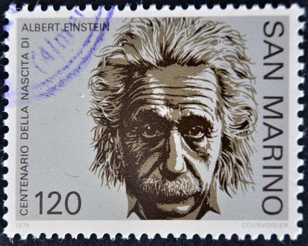 SAN MARINO - CIRCA 1979: A stamp printed in San Marino shows Albert Einstein, circa 1979のeditorial素材