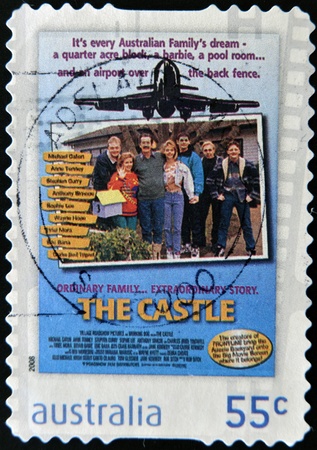 AUSTRALIA - CIRCA 2006: A stamp printed in Australia shows poster of the movie "the castle", circa 2006 のeditorial素材