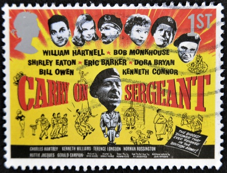 UNITED KINGDOM - CIRCA 2008: A stamp printed in Great Britain shows poster of movie Carrie on Sergeant, circa 2008のeditorial素材