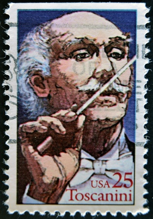 UNITED STATES - CIRCA 1989: A stamp printed in USA shows Toscanini, circa 1989 のeditorial素材