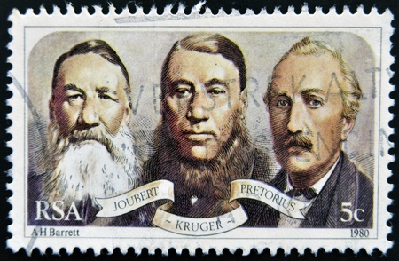 SOUTH AFRICAN - CIRCA 1980: A stamp printed in RSA shows Joubert, Kruger and Pretorius, circa 1980のeditorial素材