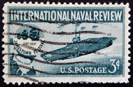 UNITED STATES - CIRCA 1957: stamp printed in USA shows Aircraft Carrier and Jamestown Festival...