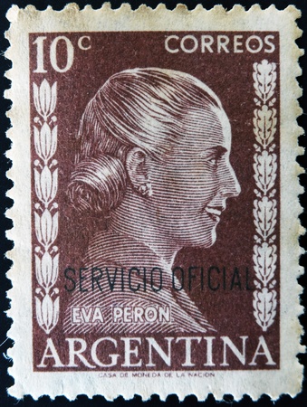 ARGENTINA - CIRCA 1952: A stamp printed in Argentina shows portrait Maria Eva Duarte de Peron, circa 1952 のeditorial素材
