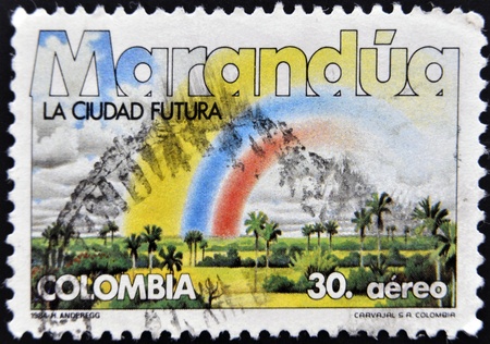 COLOMBIA - CIRCA 1984: A stamp printed in Colombia shows Marandua, the future city, circa 1984のeditorial素材