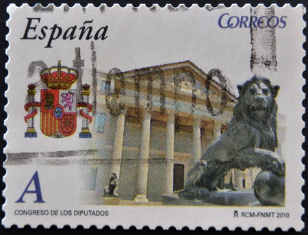 SPAIN - CIRCA 2010: A stamp printed in spain shows the building of the Congress of Deputies, circa 2010のeditorial素材