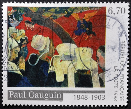 FRANCE - CIRCA 1998: A stamp printed in France shows the work "Vision after the Sermon" by Paul Gauguin, circa 1998のeditorial素材