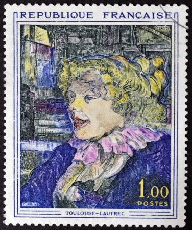 FRANCE - CIRCA 1965: A stamp printed in France shows the work "The Star of English at Havre" by Henry Toulouse Lautrec, circa 1965のeditorial素材