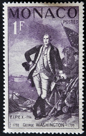 MONACO - CIRCA 1956: A stamp printed in Monaco shows George Washington, circa 1956のeditorial素材