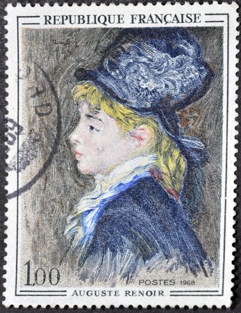 FRANCE - CIRCA 1968: A stamp printed in France shows the work "The Model" by Auguste Renoir, circa 1968のeditorial素材