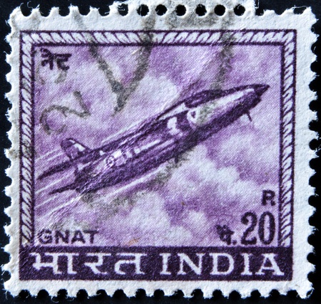 INDIA - CIRCA 1967: A stamp printed in India shows a Folland Gnat fighter jet from the Indian Airforce, circa 1967. のeditorial素材