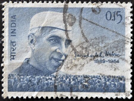INDIA - CIRCA 1964: stamp printed by India, shows Jawaharlal Nehru and People, circa 1964 のeditorial素材