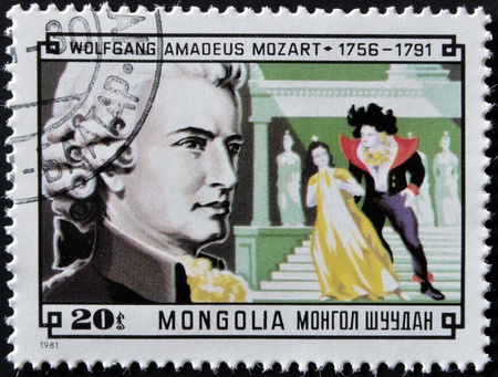 MONGOLIA - CIRCA 1981: A stamp printed in Mongolia shows image of the famous composer Wolfgang Amadeus Mozart, circa 1981 のeditorial素材