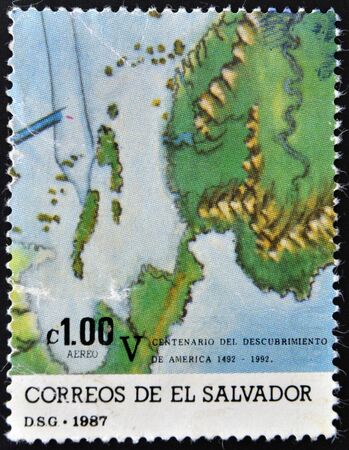 EL SALVADOR - CIRCA 1987: A stamp printed in El Salvador shows map, circa 1987のeditorial素材