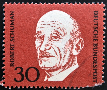 GERMANY - CIRCA 1968: A stamp printed in Germany shows Robert Schuman, circa 1968のeditorial素材