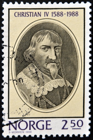 NORWAY - CIRCA 1988  A stamp printed in Norway shows King Christian IV, circa 1988のeditorial素材