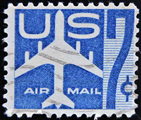UNITED STATES OF AMERICA - CIRCA 1958: stamp printed in USA shows Silhouette of Jet Airliner, circa 1958. のeditorial素材