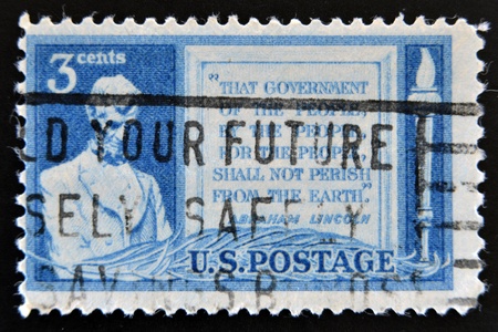 UNITED STATES - CIRCA 1948  stamp printed in USA shows Lincoln and Quotation from Gettysburg Address, circa 1948 のeditorial素材