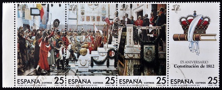 SPAIN - CIRCA 1987: A stamp printed in Spain dedicated to anniversary of the constitution of 1812, "La Pepa", circa 1987 のeditorial素材